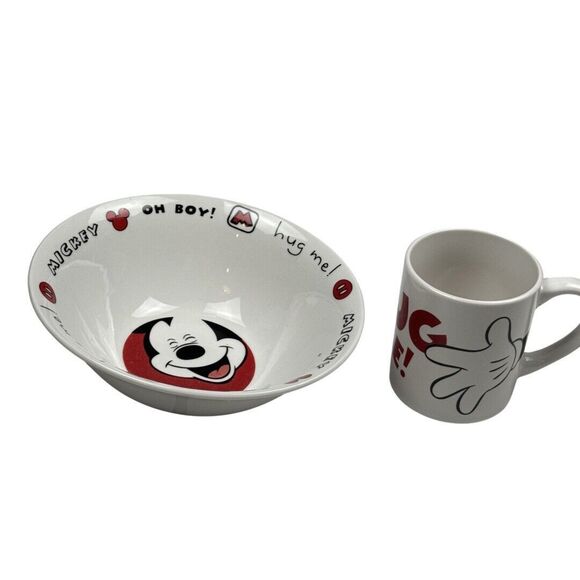 Disney Mickey Mouse Bowl % Mug Set "Hug Me! Red White Ceramic Breakfast Set - Picture 1 of 6